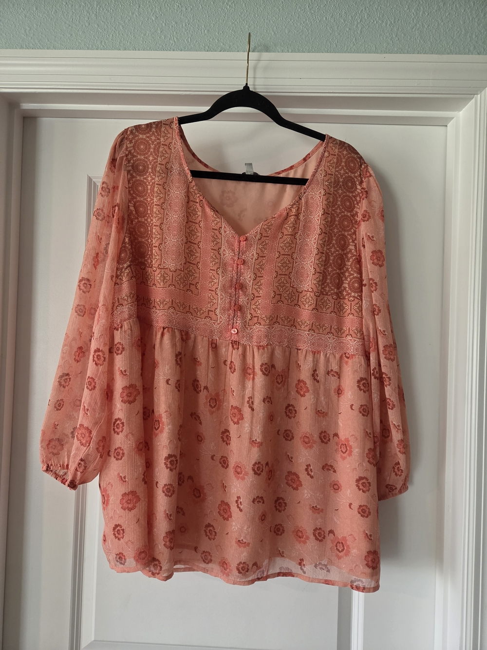 Lucky Brand Coral-Peach Floral Peasant Top - Picture 2 of 7